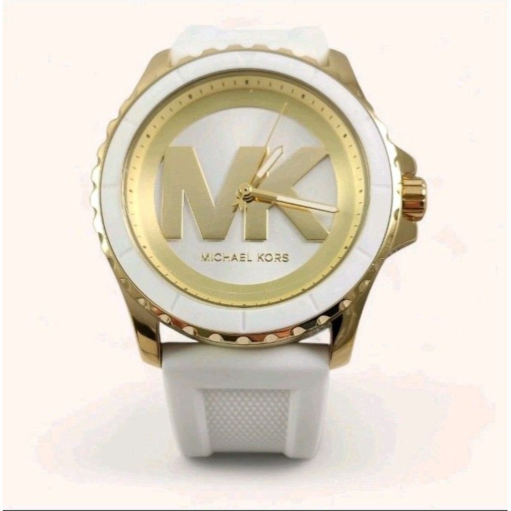 Michael Kors Womens Everest Gold Casual Watch Mk Logo Dial White Silicone Band